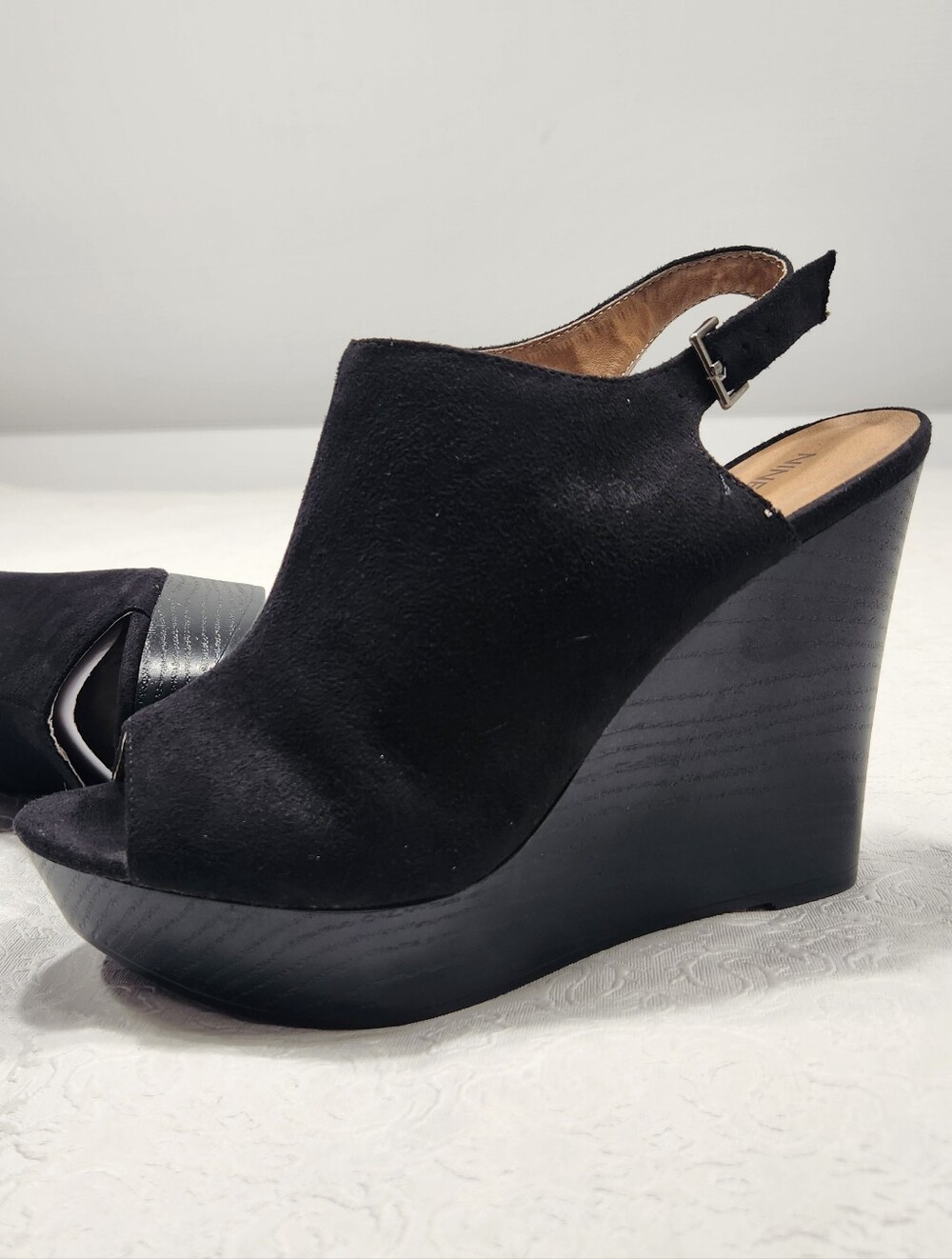 Black Suede Peep-Toe Wedge Sandals - Women's 7.5